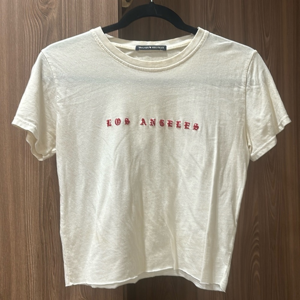 Brandy Melville cropped white tshirt with ‘Los Angeles’ printed in red text